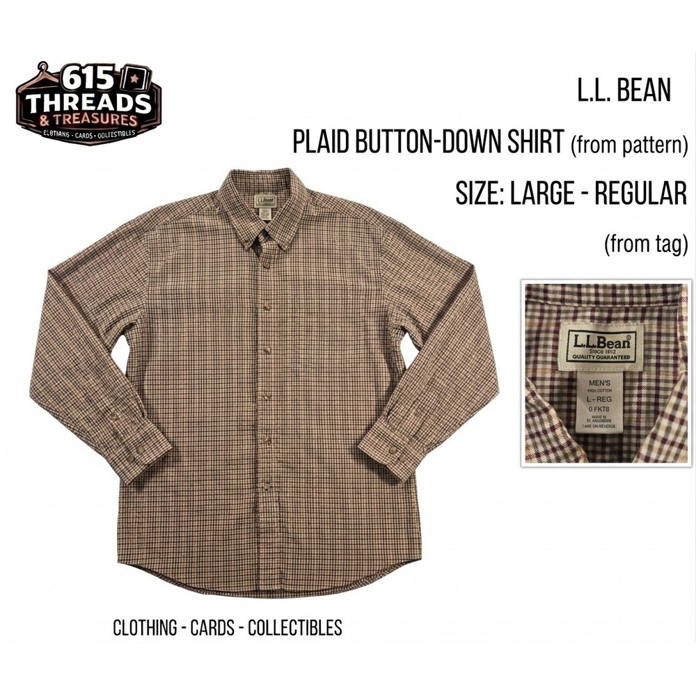 L.L. Bean Plaid Button Down Shirt Mens Large L Long Sleeve Brown Tan Cotton